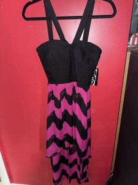 Strap High-Low Dress in Black and Magenta Chevron